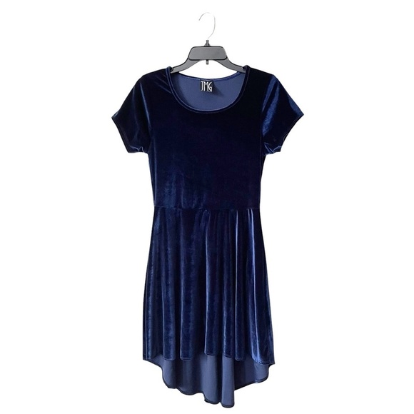 TMG New York Dress Women's Size S Blue Velvet Hi-Low Hem Short Sleeve Fit Flare - Picture 2 of 6